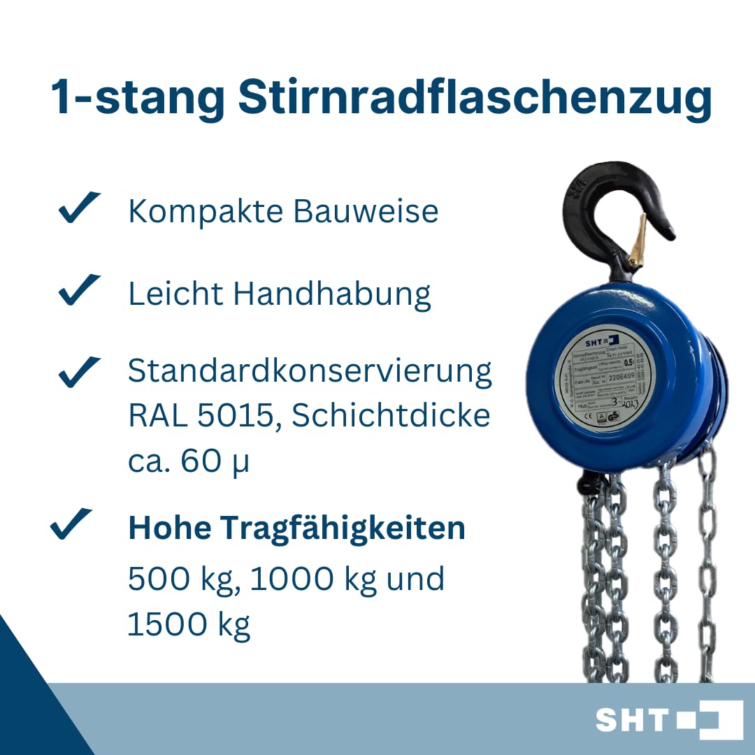 SHT Kettenzug/Stirnradflaschenzug SFZ 1-Strang mit 500kg Traglast| 5m Hub, kompakter Flaschenzug Seilzug
