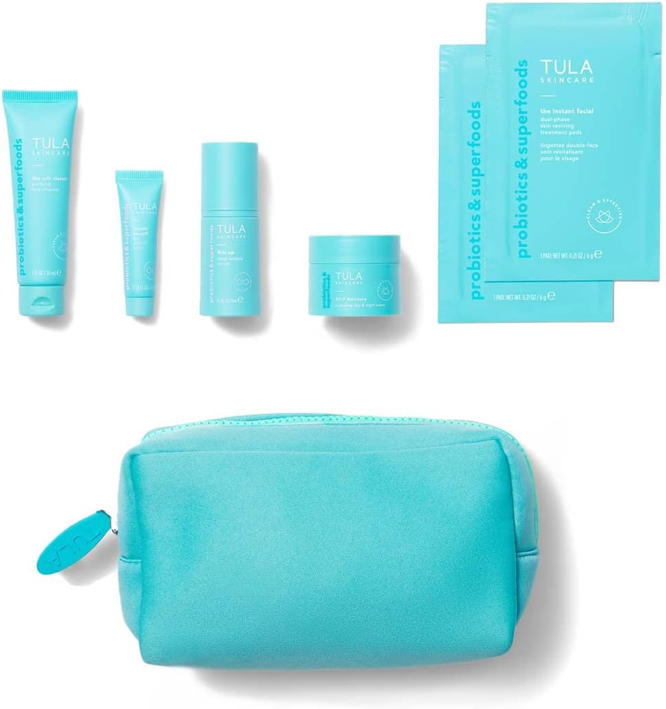 TULA Skin Care Anti-Aging Discovery Set with Probiotic Technology - Travel-friendly Starter Kit with Cleanser, Day & Night Moisturizer, Deep Wrinkle Serum, & Eye Cream for Hydrated and Youthful Skin