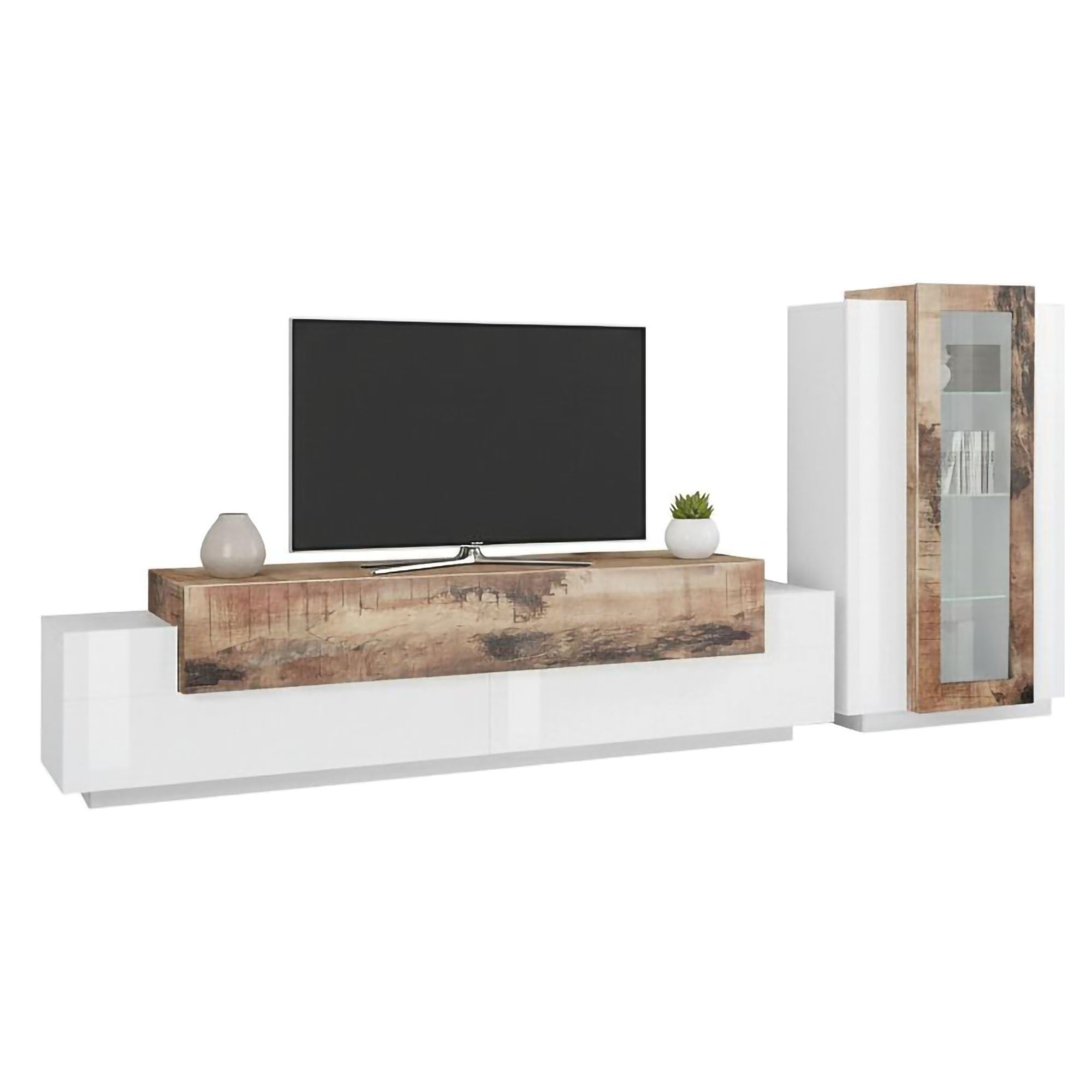 Dmora Parete Attrezzata Mirko 45x280x121h cm Bianco Lucido Modulabile 12 Ripiani, 14 Vani Made in Italy