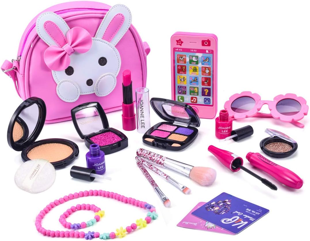 19Pcs Kids Pretend Makeup Kit - Fake Play Makeup Set with Pink Rabbit Purse, Smartphone, Sunglasses, Necklace & Bracelet, Birthday Gift for Little Girls - Hot Pink