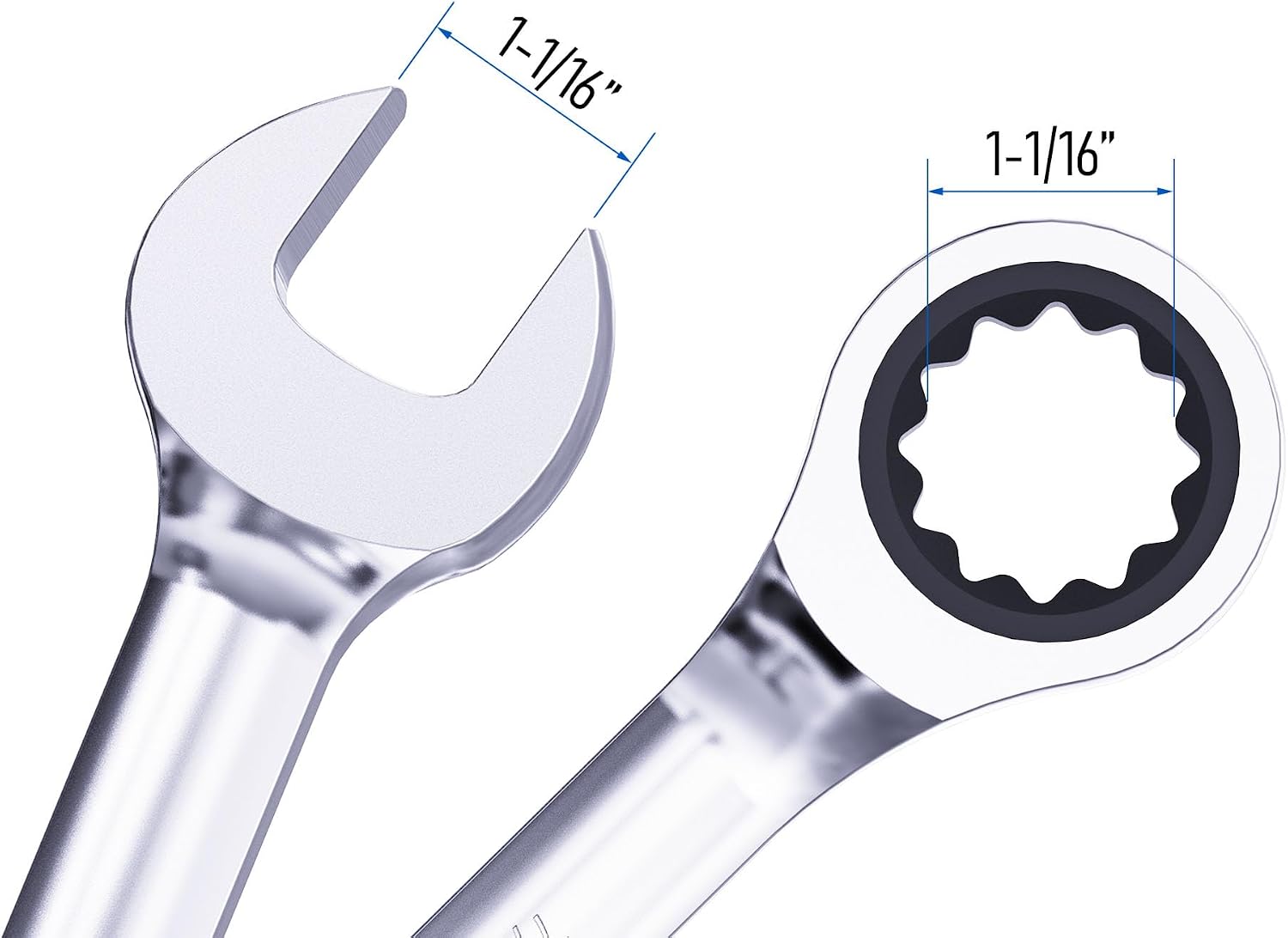 1-1/16 Inch Ratcheting Combination Wrench SAE | 72 Teeth 12 Point, Ratchet Box Ended and Open End, Heat-Treated CR-V Steel, Spanner Tools