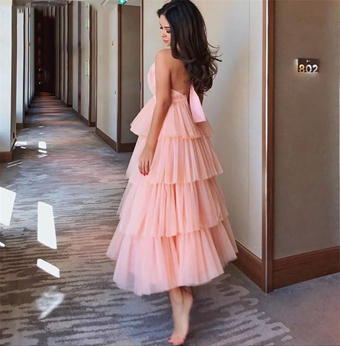 Dydsz Women's Halter Tiered Tulle Prom Dresses Long Evening Party Dress Homecoming Gown Tea Length