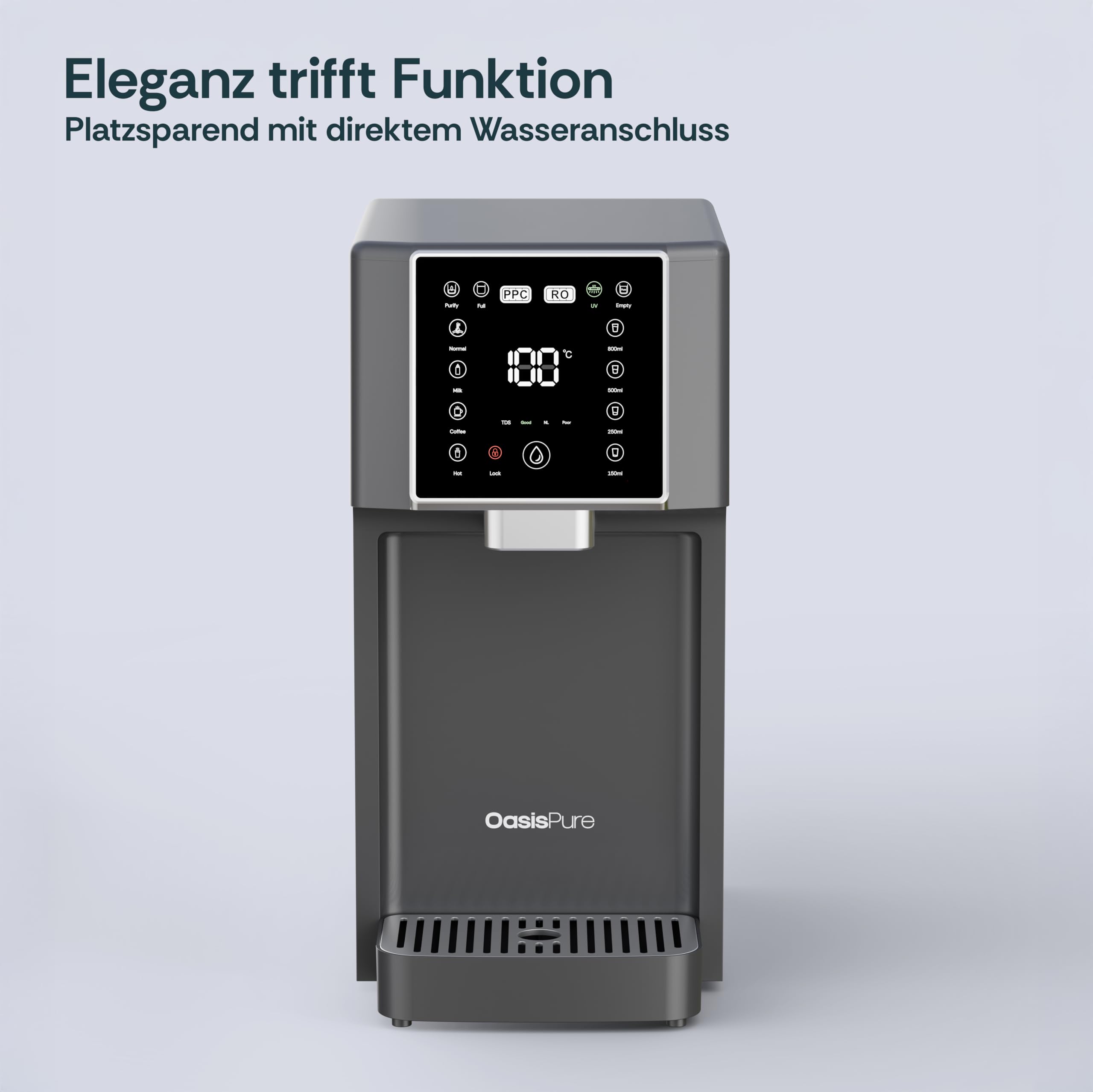 Slim Osmoseanlage Trinkwasser Auftisch Direct Flow Umkehrosmoseanlage Heißwasserspender 4 Temperaturstufen 3S-Heizung Kalkfilter UV
