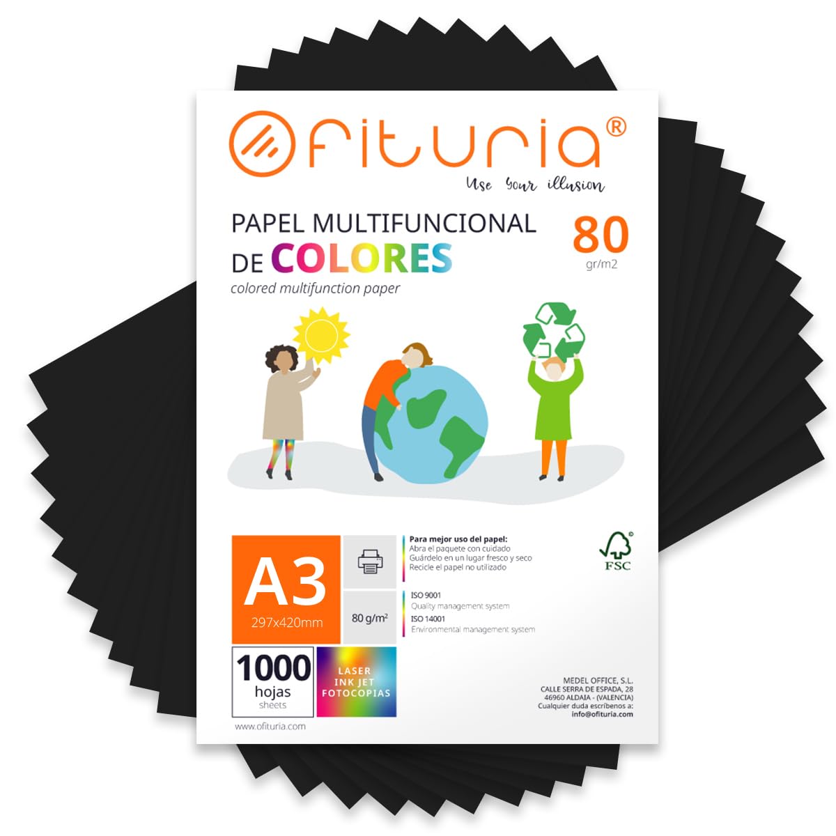 OFITURIA Buntes Papier, 1000 Blatt A3 80g – Farbiges Papier für Basteln, Drucker, Scrapbooking – Farbbögen (Schwarz, 1000 Blatt)