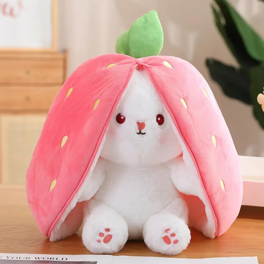 Krow Rabbit with Chain Reversible Bunny Rabbit Soft Stuffed Toys for Girls Boys Baby Kids | Doll, Teddy Bear plushies, Animal Toy | Strawberry/Carrot Shaped Pink Colour | Gift Item for Kids