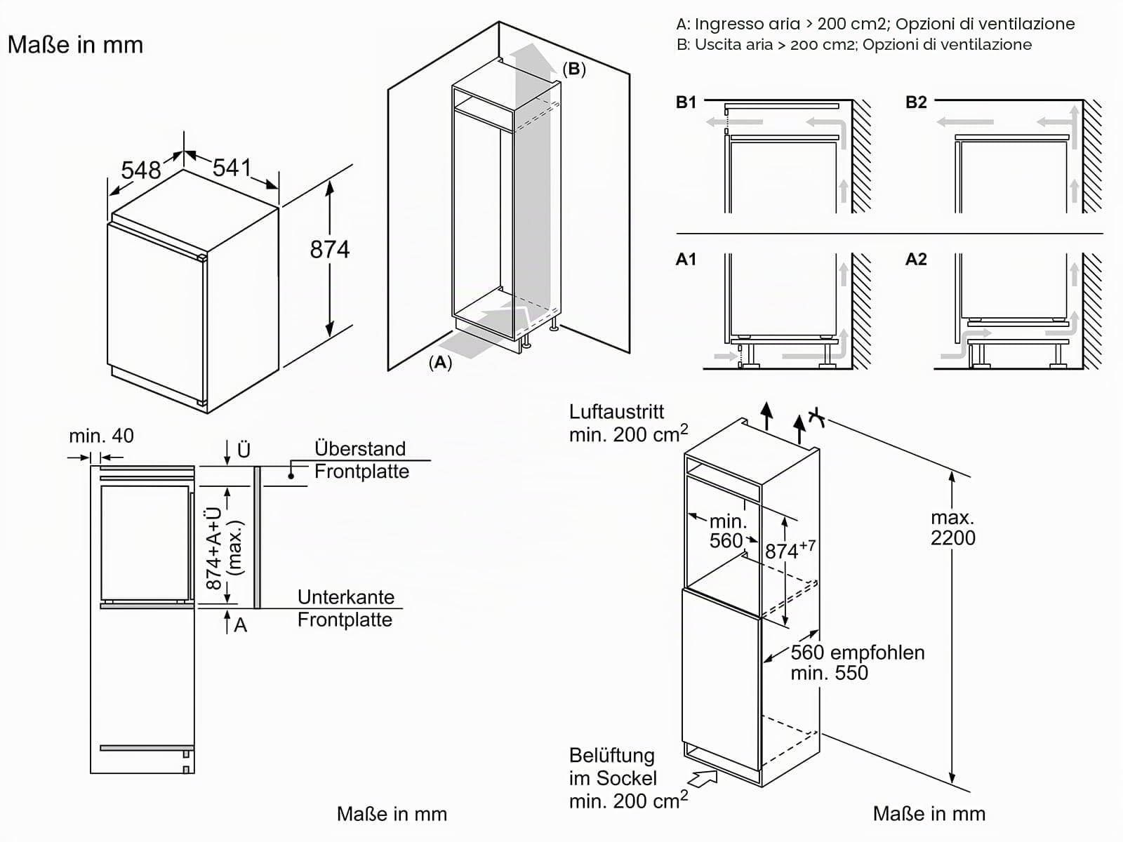 BOSCH KIR21NSE0 - Frigorifero da incasso serie 2, frigorifero integrato senza congelatore, 88 x 56 cm, raffreddamento 136 l, cerniera a traino, MultiBox XXL, illuminazione a LED, EcoAirflow,