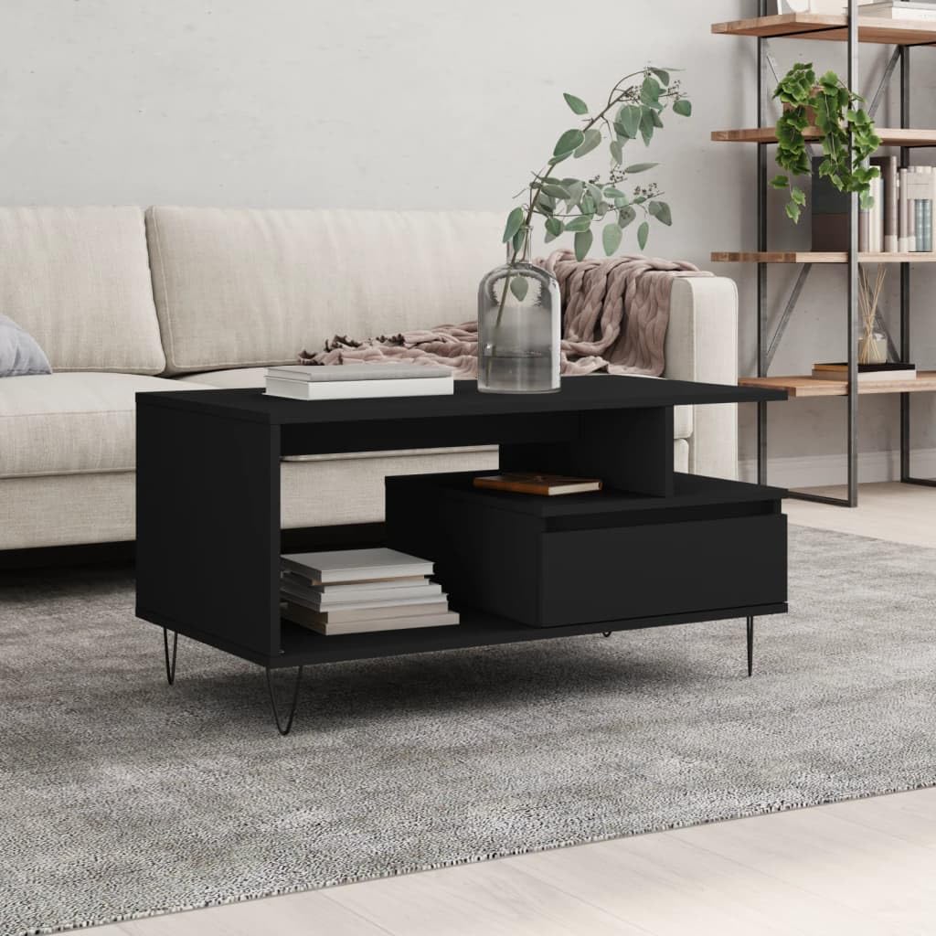Table basse noire avec tiroir espace de rangement salon table d'appoint