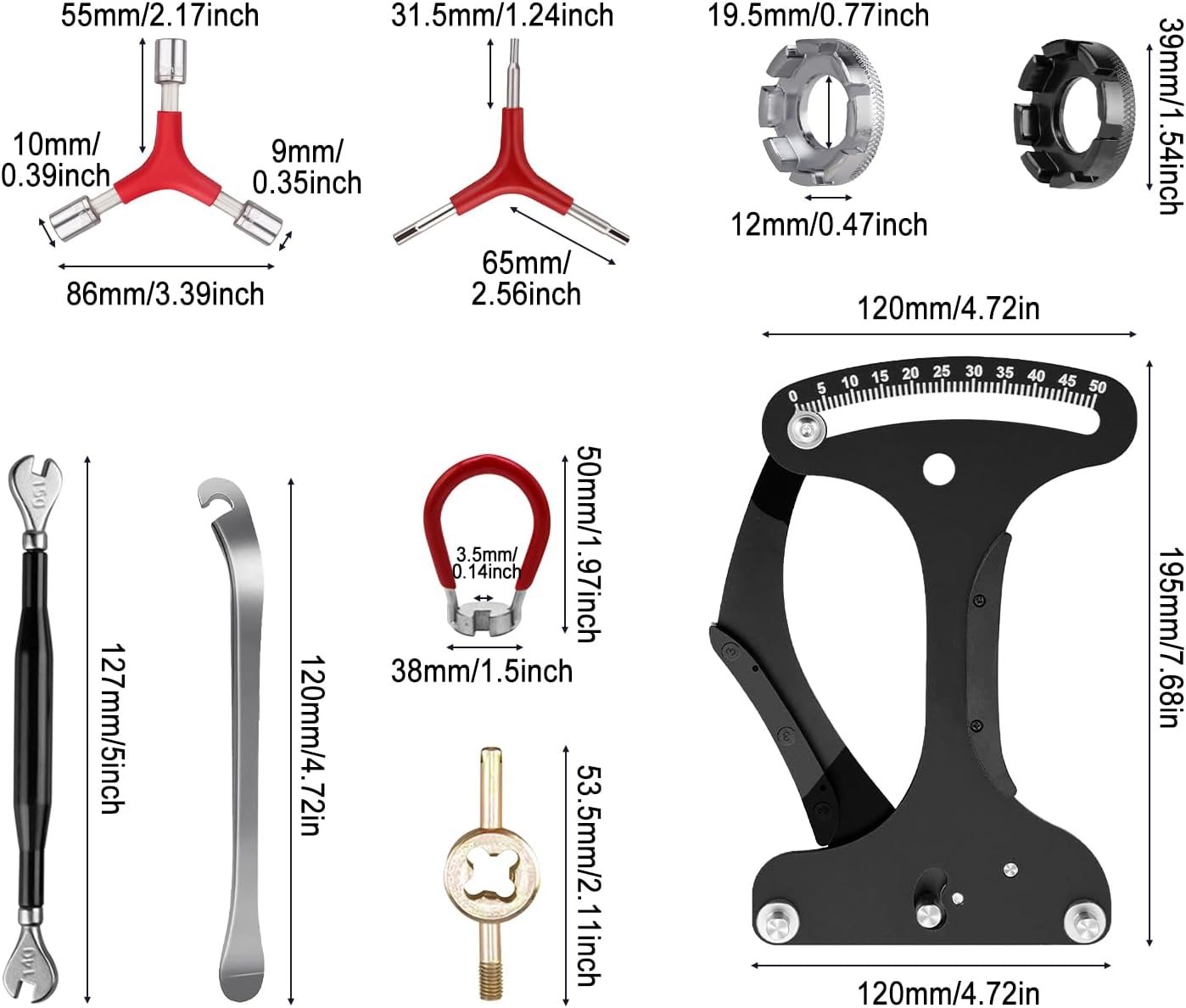 JOJOCY Bike Spoke Tension Meter Spoke Adjustment Wrench Tool 13-Piece Set, Bicycle Tyre Repair Tool Prevent Deformation Spoke Tensiometers Bicycle Rim Truing Tool Y-Shaped Wrench Tire Lever