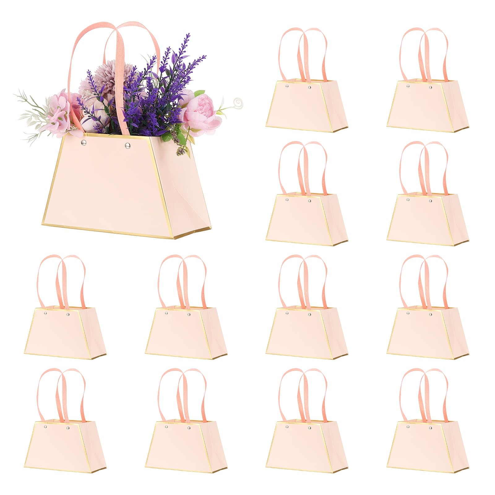 PATIKIL Flower Gift Bags (Pink) (12 Pcs) Portable Bouquet Wrapping Bag Paper Bouquet Bag Boxes with Handles for Floral Arrangement/Wedding/Birthday/Party/Christmas