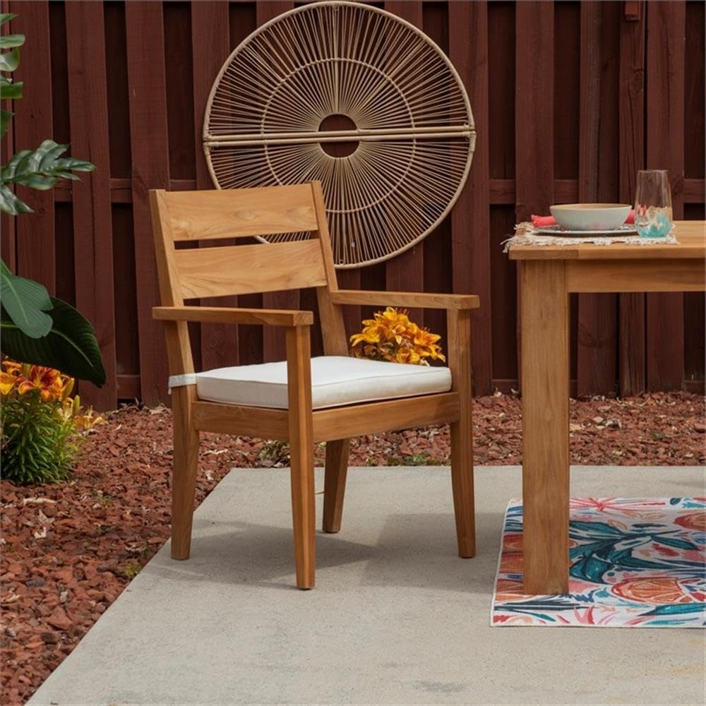 Linon Barlow Teak Outdoor Dining Chair with Arms Removable Cushion in Natural