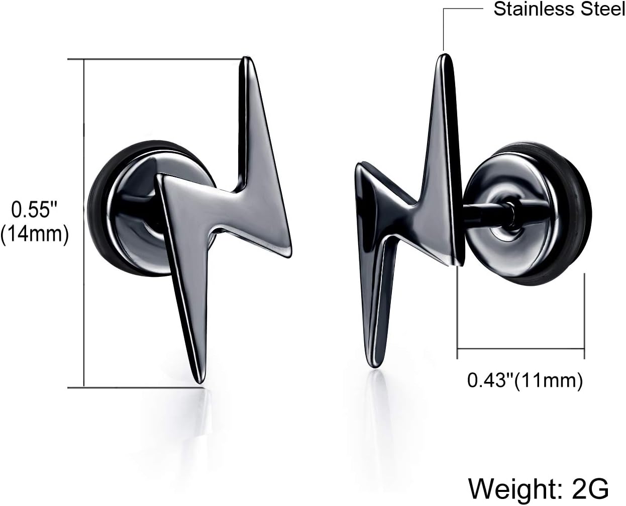 Unisex Screw Flat Back Lightning Bolt Stud Earring in High Polished Surgical Steel - Plated in 14K Yellow Gold or 925 Sterling Silver