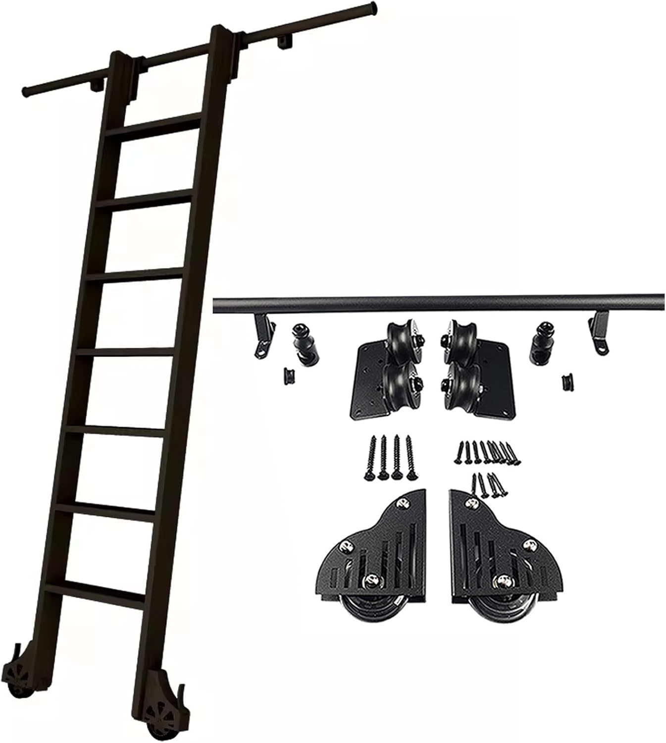 3.3ft-24ft Rolling Ladder Hardware Library Sliding Ladder Hardware Kit Round Track/Rail, Full Set Ladder Track Kit for Loft Office, Mobile Slide Roller System(No Ladder)(12ft/366cm Track kit)