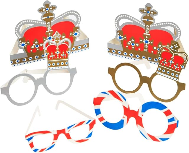 Talking Tables King Charles Coronation Royal Themed Novelty Fancy Dress Up Glasses and Hats Table Party Decorations | Union Jack and Crown Designs | Made