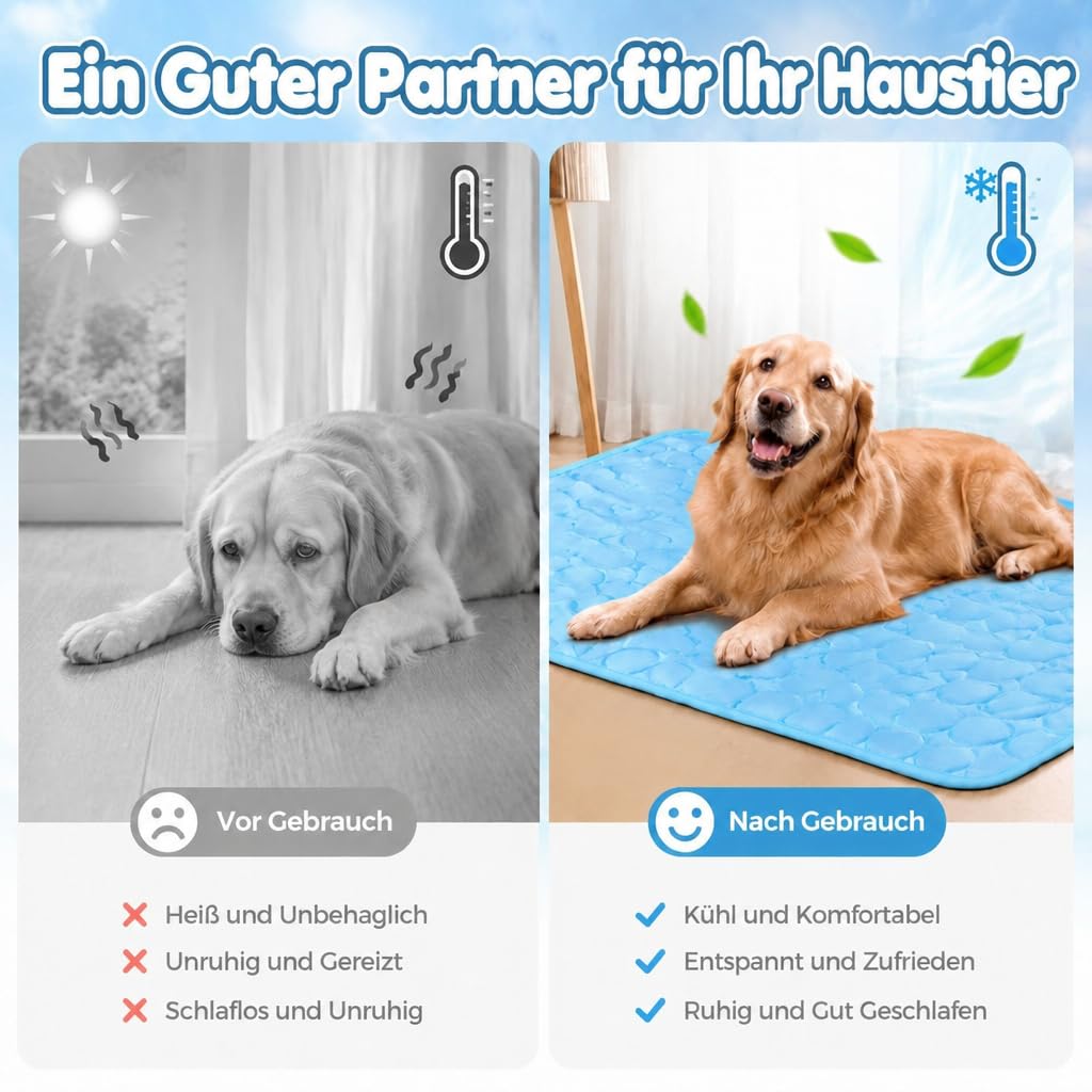 Haustiermatte für Hunde und Katzen, selbstkühlende Kühlmatte aus atmungsaktiver Eisseide, weiche langlebige tragbare waschbare Kühlbett Kühldecke für Sommer drinnen & draußen