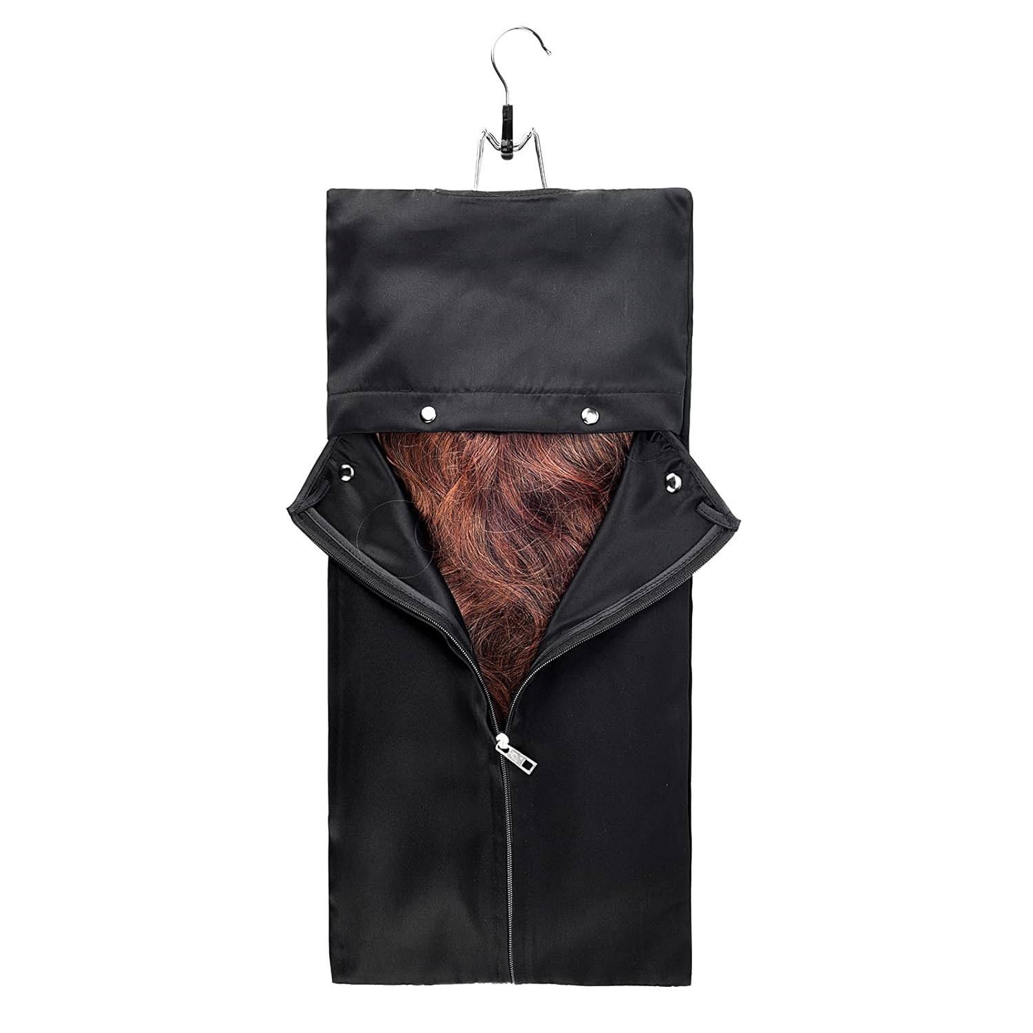 5 Packs Satin Wigs Storage Bag Hair Extensions Holder with Wooden Hangers Hairpieces Ponytail Bundles Carrier Case Hanging Protector Pouch for Travel Daily Use (Black)