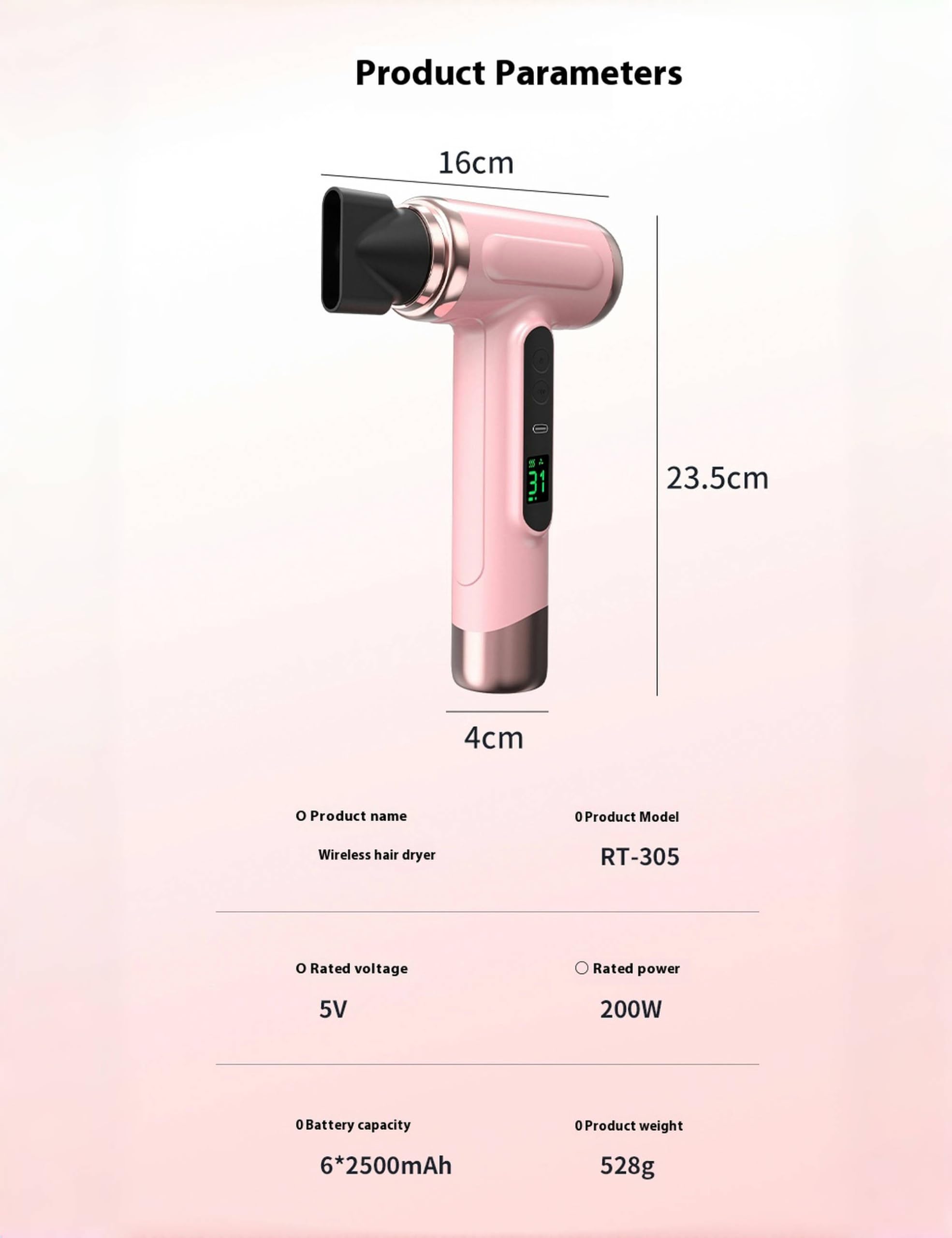 Bewinner Pro Reisefön - 3 Geschwindigkeiten & 3 Temperaturen Kabelloser Fön mit 15000mAh Tragbarer Haartrockner mit Digitalem Bildschirm für Frauen Camping, Rosa
