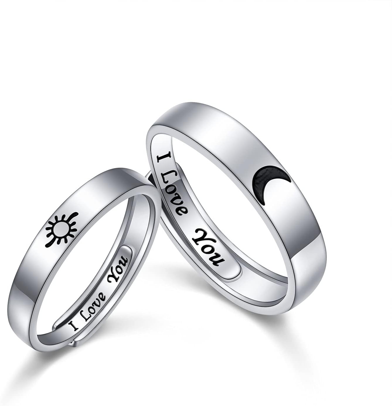 925 Sterling Silver Cubic Zircon Sun/Moon/Star Promise Engagement Couple Rings for Women Men Carved I LOVE YOU Adjustable Love Ring Size 7/10