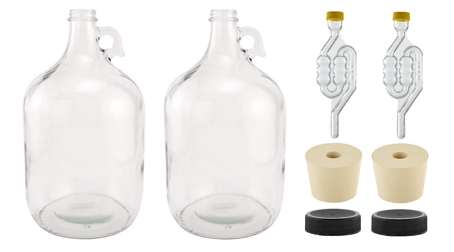 North Mountain Supply - 1G-38-ST-TB-2 1 Gallon Glass Fermenting Jug with Handle, 6.5 Rubber Stopper, Twin Bubble Airlock, Black Plastic Lid (Set of 2)