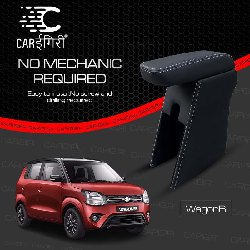 Image of Carigiri Premium Finish Car Armrest with Storage Box And High Density Moulded Foam For Maruti Suzuki WagonR (Models-2019-2024) (Black With White Double Stitching,Nappa Leatherette)