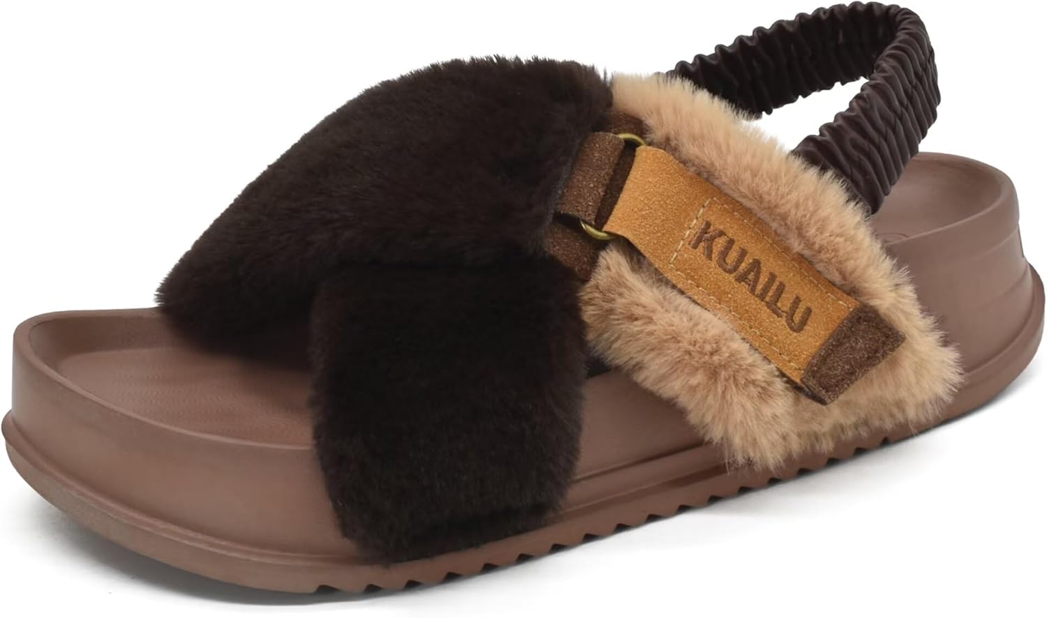 KuaiLu Womens Fuzzy Criss Cross Band Platform Slippers Arch Support Furry Faux Fur Ladies Open Toe Cozy Soft Plush Fleece Comfy House Shoes Sandals