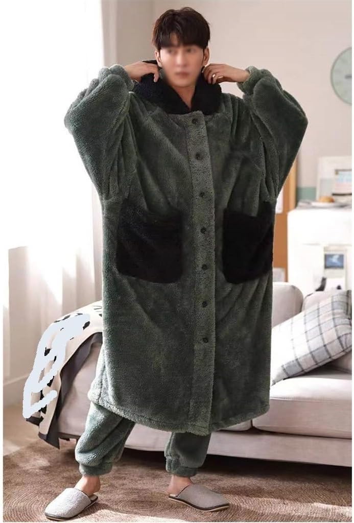 Coral Fleece Nightgown Men's Winter Size Nightgown Suit Thicken Warm Bathrobe Male Pajama Set Robes Sets