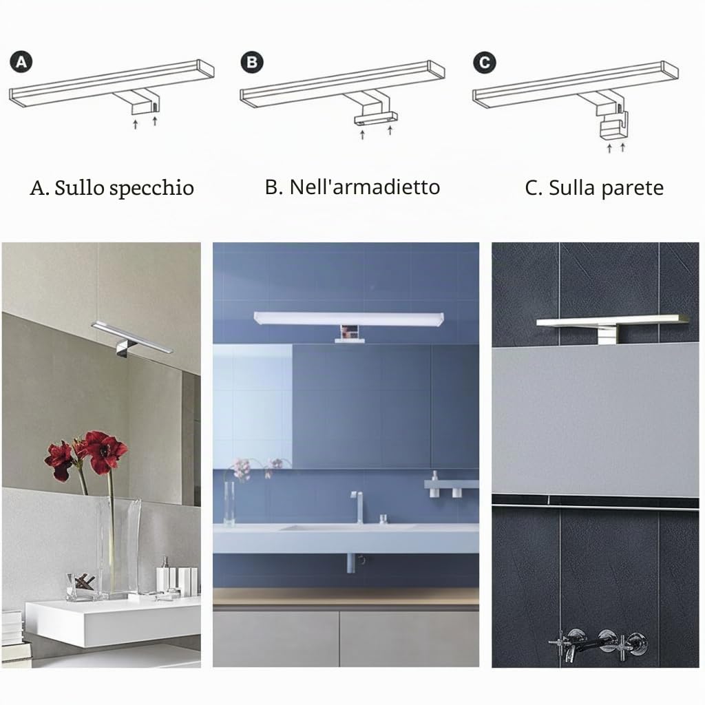 BARCELONA LED Applique LED Specchio Bagno 10W 50cm, Luce Specchio Bagno 3000K 800lm, IP44 Resistente all'Umidità, Montaggio su Specchio, Mobile o Parete, Lampada Bagno in Alluminio e Policarbonato