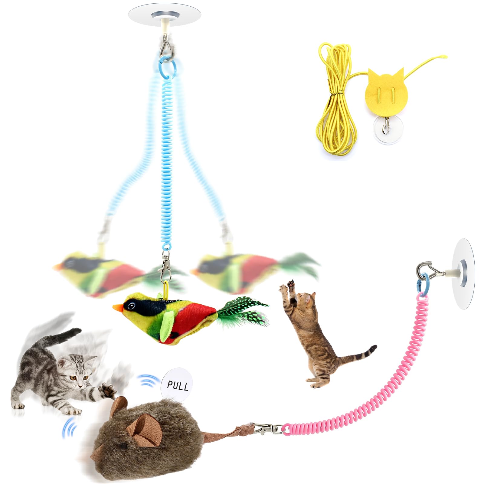 TUGFREE Juego de juguetes para gatos y pájaros chirriantes, juguete interactivo para gatos de interior, juguete de gatito activado por movimiento con sonido realista y pluma, diversión 2 en 1 para