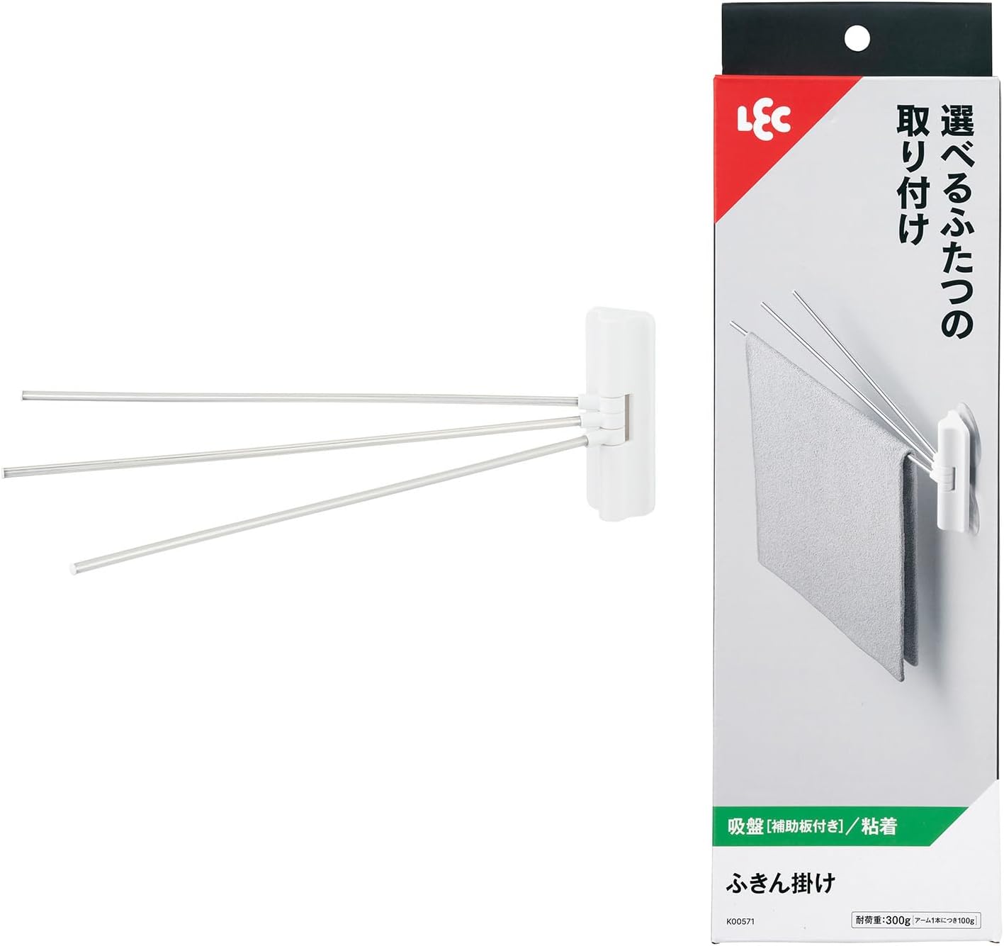 LEC Dish Towel Hook, White (Suction/Adhesive, Selectable Installation), Load Capacity: 10.6 oz (300 g), Rust Resistant Stainless Steel Pipe