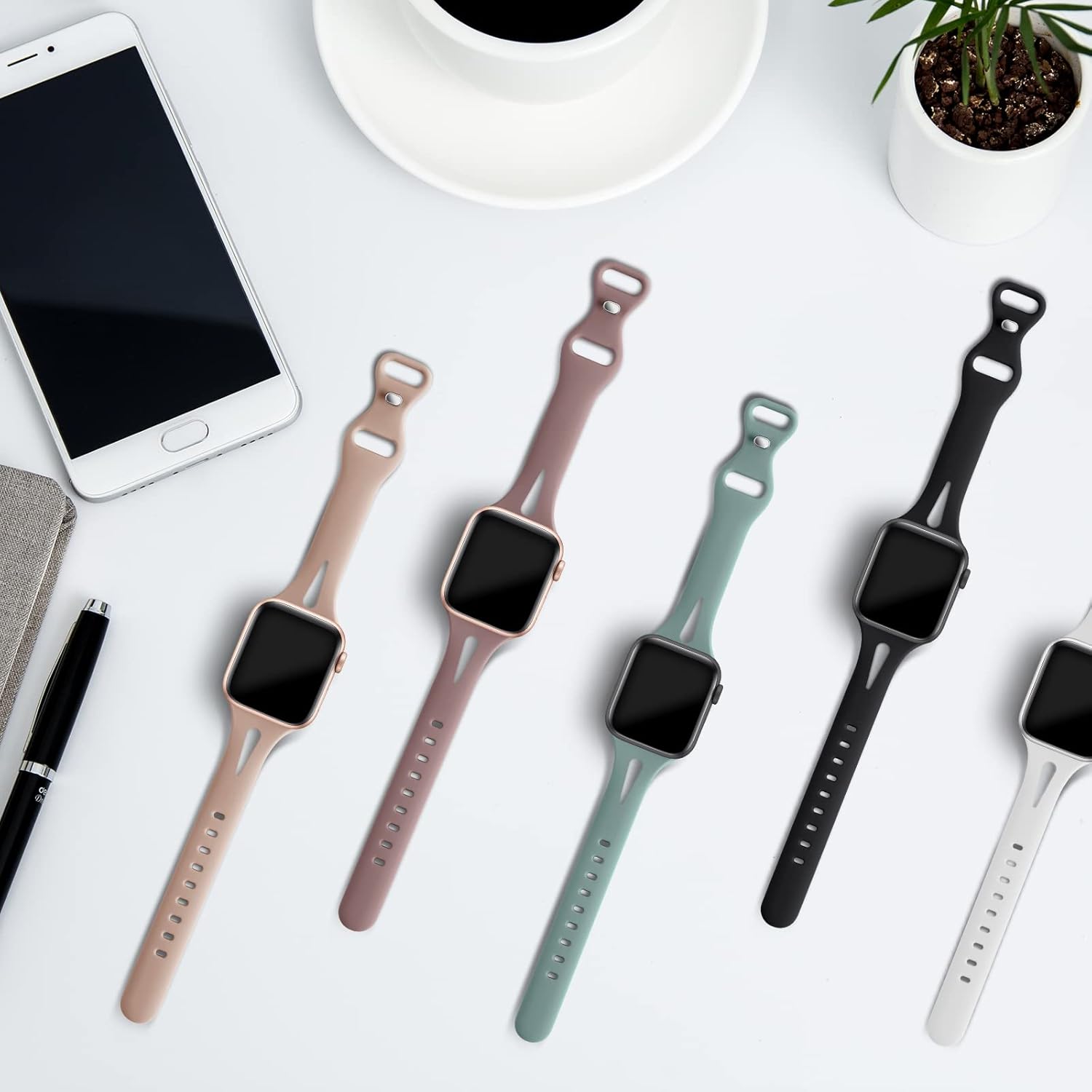 Distore 5 Pack Bands Compatible with Apple Watch 38mm 40mm 41mm 42mm 44mm 45mm, Slim Thin Narrow Replacement Water Drop Hollowed Out Silicone Sport Strap for iWatch Series SE 7/6/5/4/3/2/1 Women Men : Cell Phones & Accessories