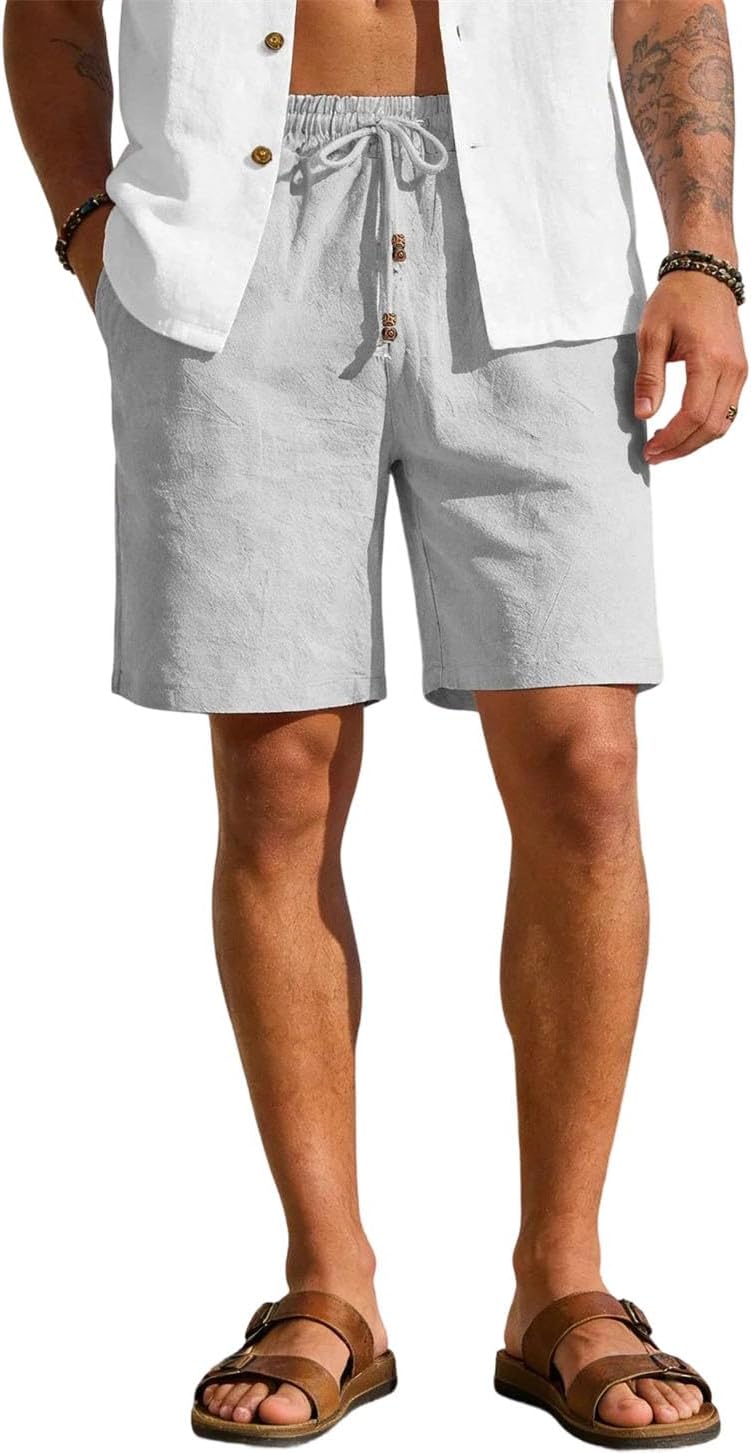 Men Summer Solid Color Cool Touch Fabric Drawstring Loose Beach Shorts