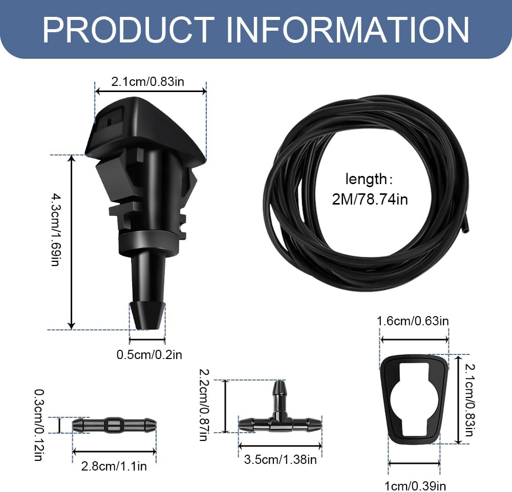 Windshield Washer Nozzles Kit, 2 Meter Fluid Hose with Connector, Car Accessories Windshield Fluid Hose Replacement Suitable for Chrysler, Dodge, Jeep, Replaces OEM# 4805742AB, 5116079AA