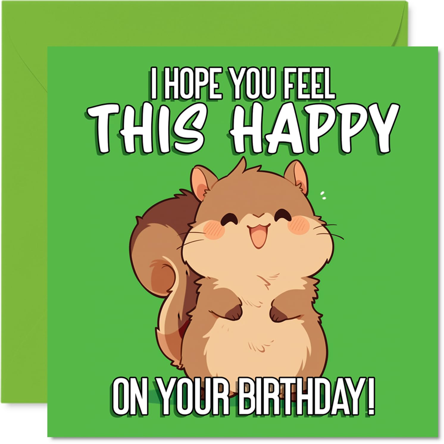 Cute Birthday Card - Bursting with Joy - Cheerful Cartoon Squirrel in Green and Brown - Sure to Bring a Big Birthday Smile - 145mm Square, Envelope Included