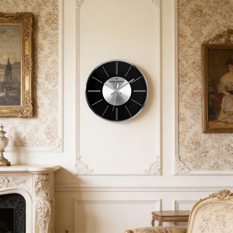 Image of Daniel Hechter Paris Seine Collection Wall Clock, Silent Sweep Non-Ticking,12 inch(30cm) HD Glass Black Dial, Silver Aluminum Face & Metal Frame, Modern Decorative Clock for Home & Office - DHCL1004