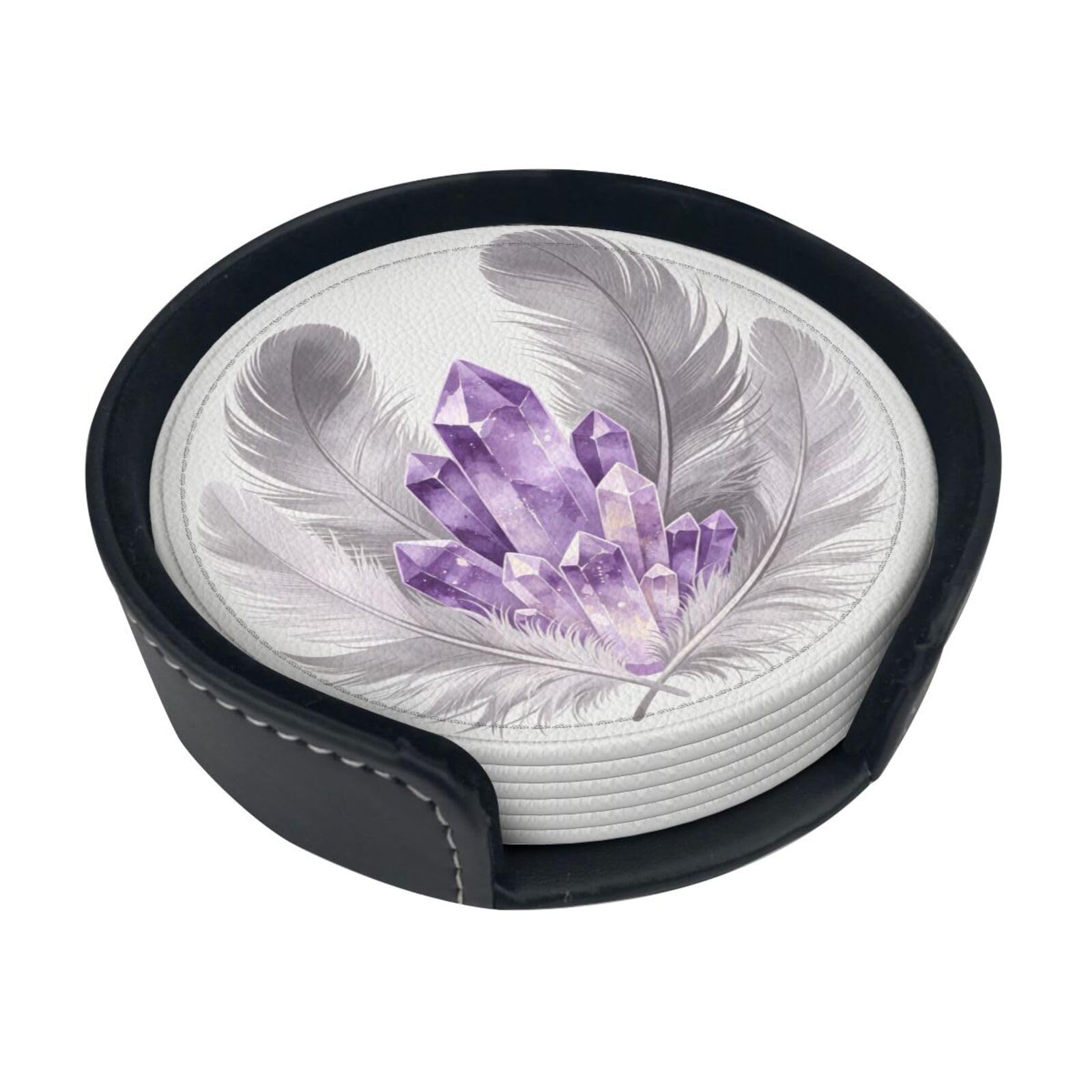 Feather Crystal Art Leather Coasters-Set of 6 with Storage Holder