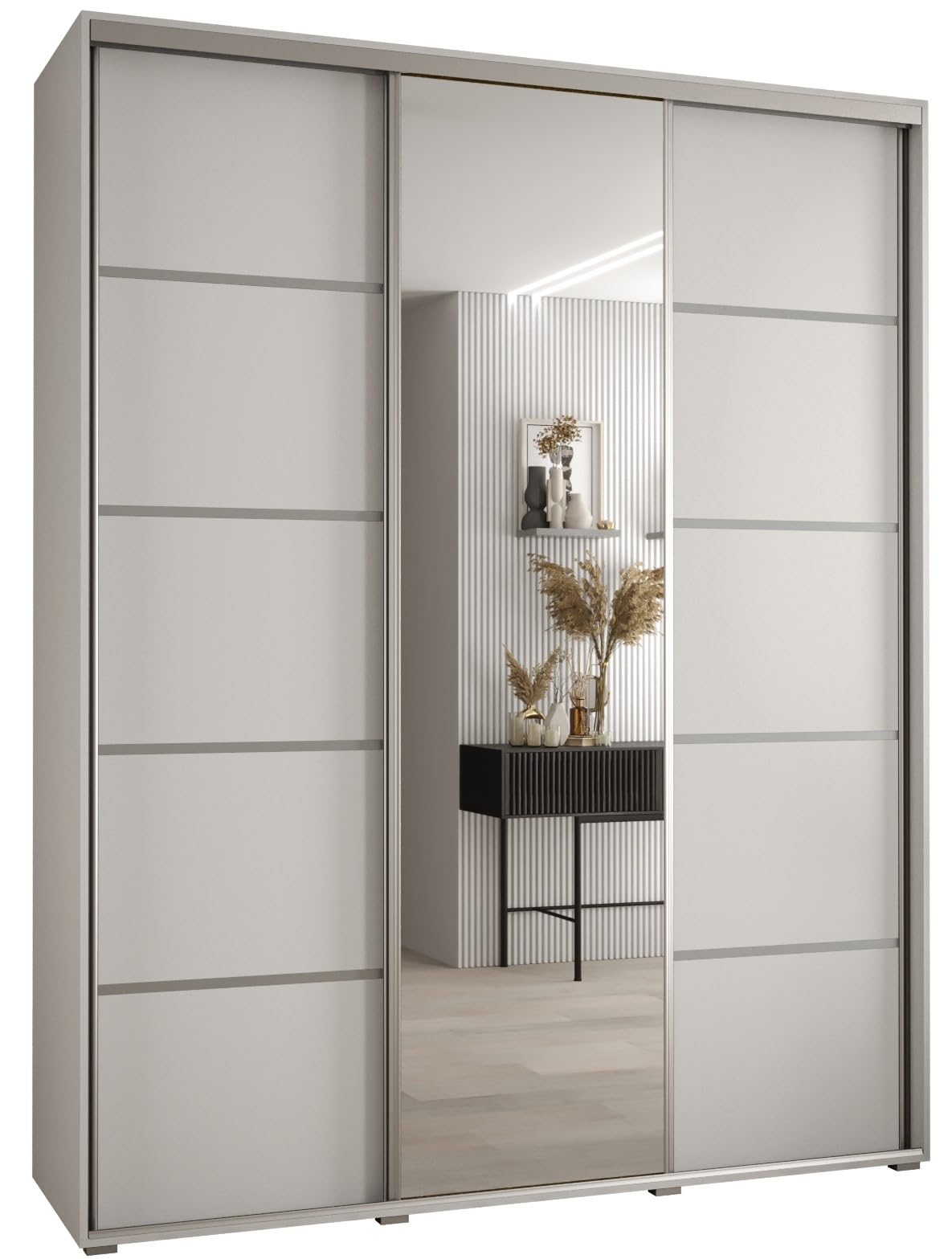 ABIKSMEBLE Davos 5 190 Armario Correderas Tres para Dormitorio - Armario Moderno con Espejo, Barra y Estantes - 235,2x190x45 cmBlanco Blanco Plateado