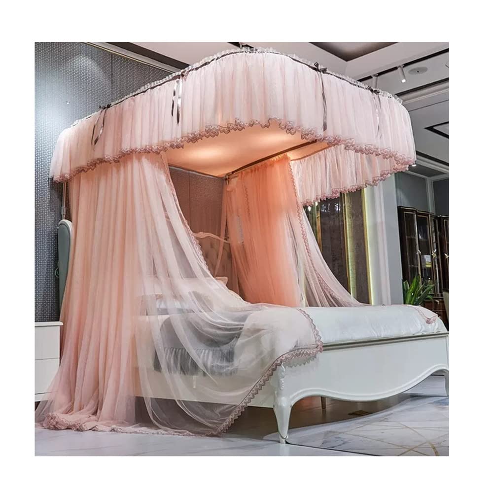 Moustiquaire de lit à baldaquin rose avec support en U, ciel de lit double couche 180x220 cm