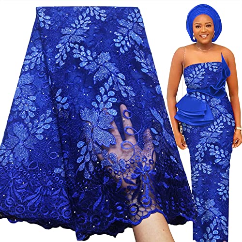 Bestway African Lace Fabric 5 Yards Royal Blue Rhinestones Embroidery French Tulle Nigerian Wedding Party Dress Sewing Material