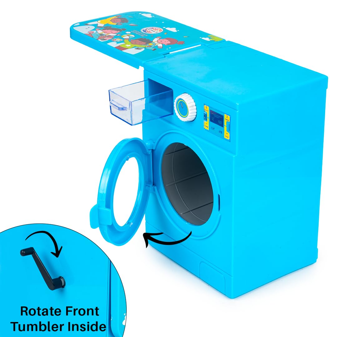 Ratna's Washing Machine Deluxe Blue Color with Front Load Door & Foldable Iron Table Household Pretend Play Role Play Plastic Toy for Kids 1