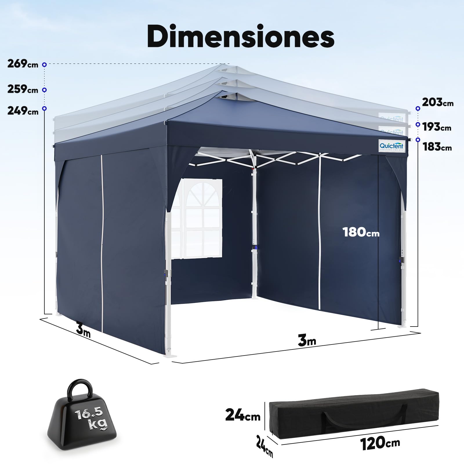 Quictent Carpa Plegable 3x3m con 3 Paredes Laterales Extraíbles, Tienda de Toldo con Cerradura Central, Refugio Portátil para Fiestas de Jardín y Camping, Azul Oscuro