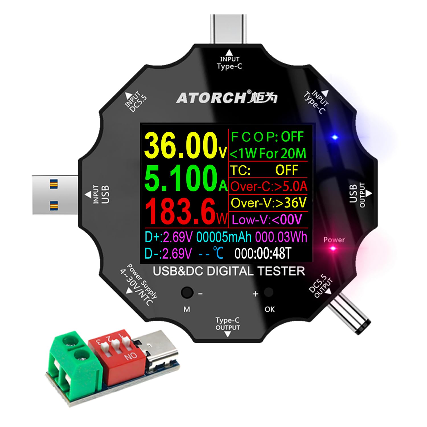 Multímetro digital, voltaje, corriente, potencia, resistencia, detector de capacidad, con cable de clip, compatible con PD2.0/PD3.0, QC2.0/QC3.0 (UD18)