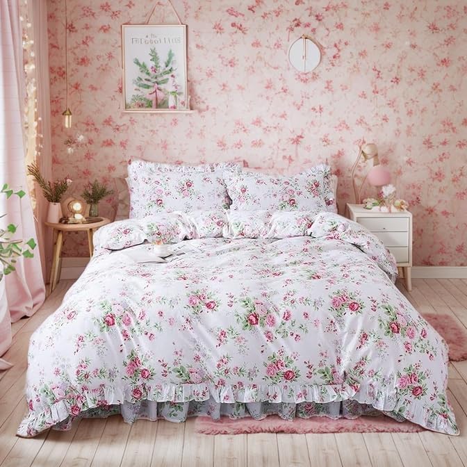 Fadfay - Juego de ropa de cama de 4 piezas, diseño floral, tamaños Twin, Queen y King, juegos de funda de edredón, elegantes, Algodón, Bulgaria