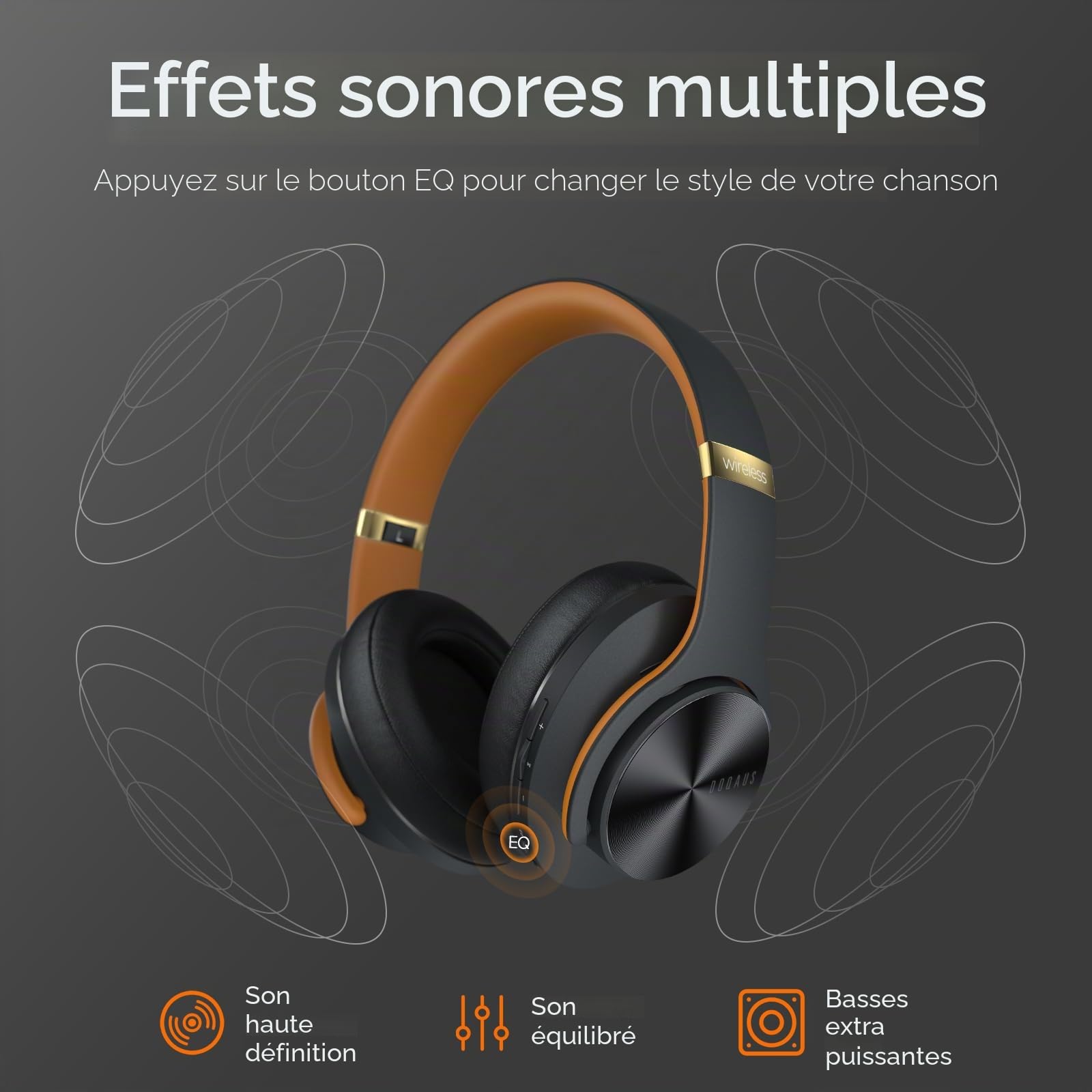 DOQAUS Casque sans fil supra-auriculaire Bluetooth avec 3 modes EQ, 90 heures de lecture, casque sans fil, HiFi stéréo pliable avec microphone pour PC, téléphone portable, tablette (noir/marron)