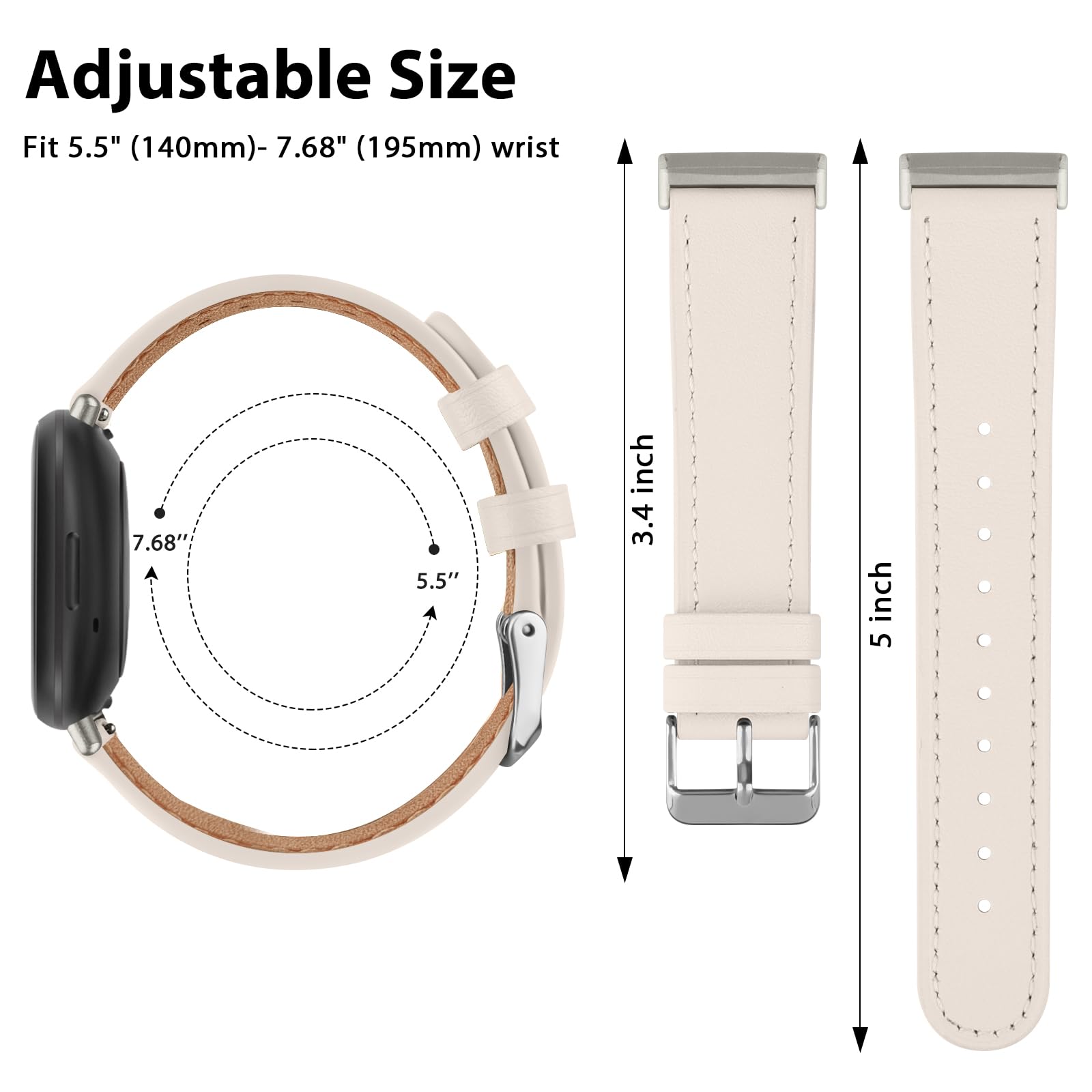 Genuine Leather Straps for Fitbit Versa 4 /Sense 2 - Women & Men, Starlight - Image 3