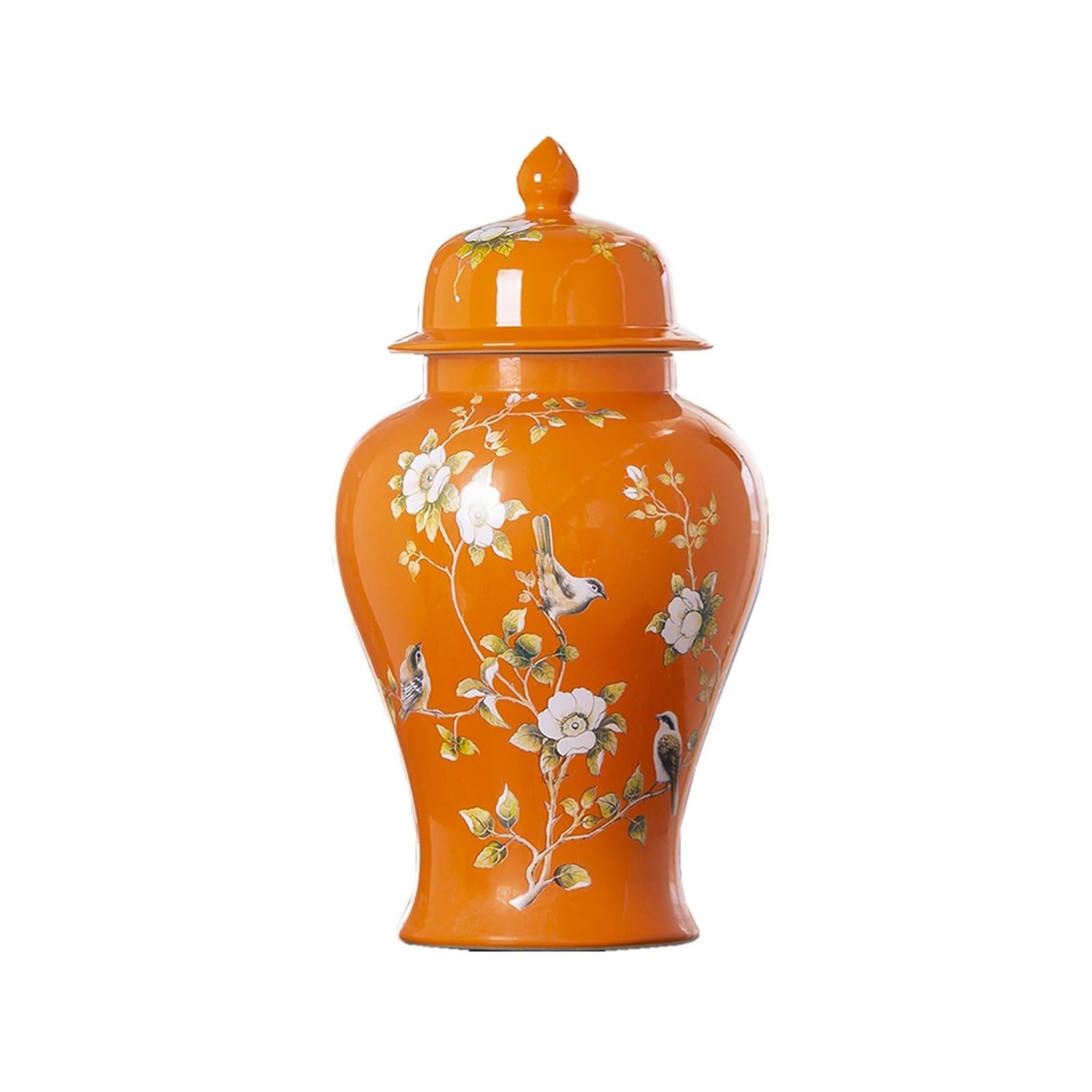 Ginger Jar with Lid Chinoiserie Vase Flower & Bird Porcelain Ginger Jars Antique Temple Jar Orange Storage Jar Ceramic Flower Vase(19x37cm)