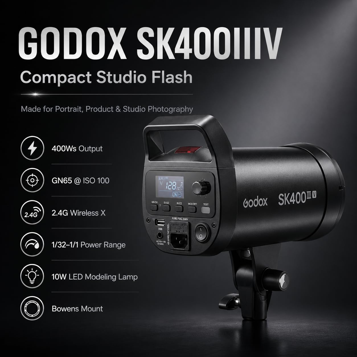 Godox SK400III-V Flash da Studio 400Ws con Riflettore Standard, GN65 5700K Strobo Professionale con Lampada Modellante LED 10W, Riciclo 0.1-1.5s, Sistema X Wireless 2.4G Integrato e Attacco Bowens