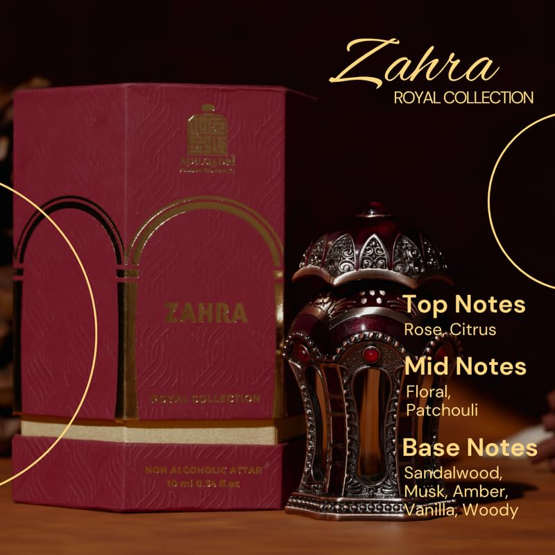 Image of Adilqadri Zahra Royal Attar for Men & Women - Non-Alcoholic attar | Citrus, Floral & Woody Blend | Rose, Patchouli, Sandalwood, Musk, Amber & Vanilla Notes | Long-Lasting Attar | 10ml