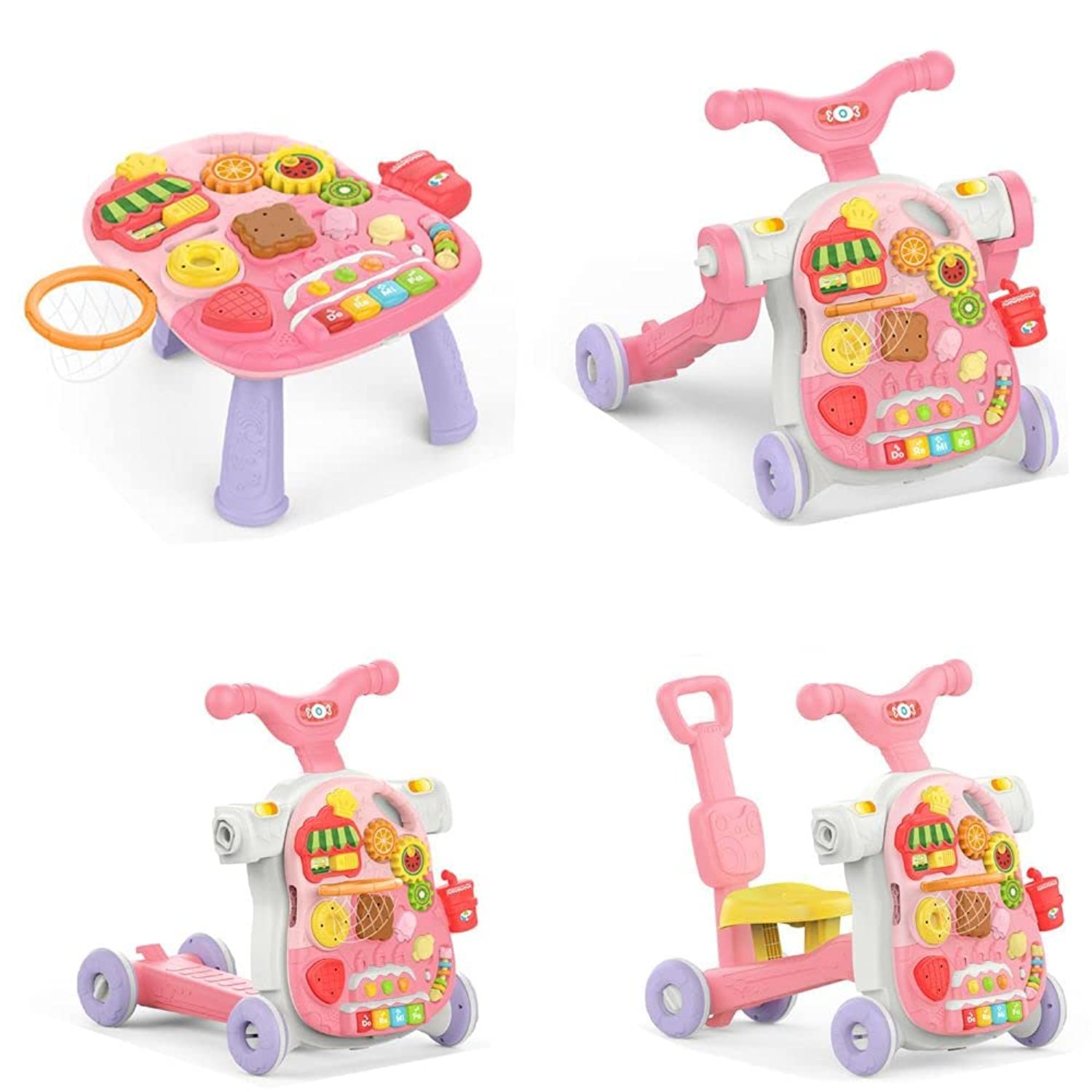 Fitto 4 In 1 Baby Walker Toy, Activity Table, Push Ride On Car, Scotter, and Baby Walker, Pink