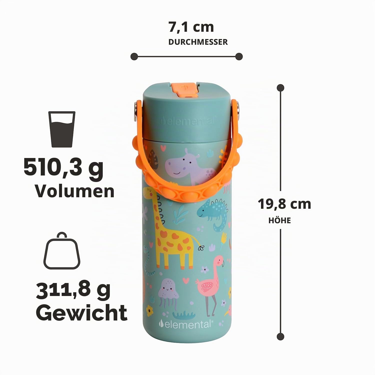 Elemental Isolierte Kinder Wasserflasche - Edelstahl Wasserflasche mit Strohhalm Deckel und Pop-it-Griff, auslaufsichere Wasserflaschen für Schule, Reisen und Sport - 530 ml - Safari