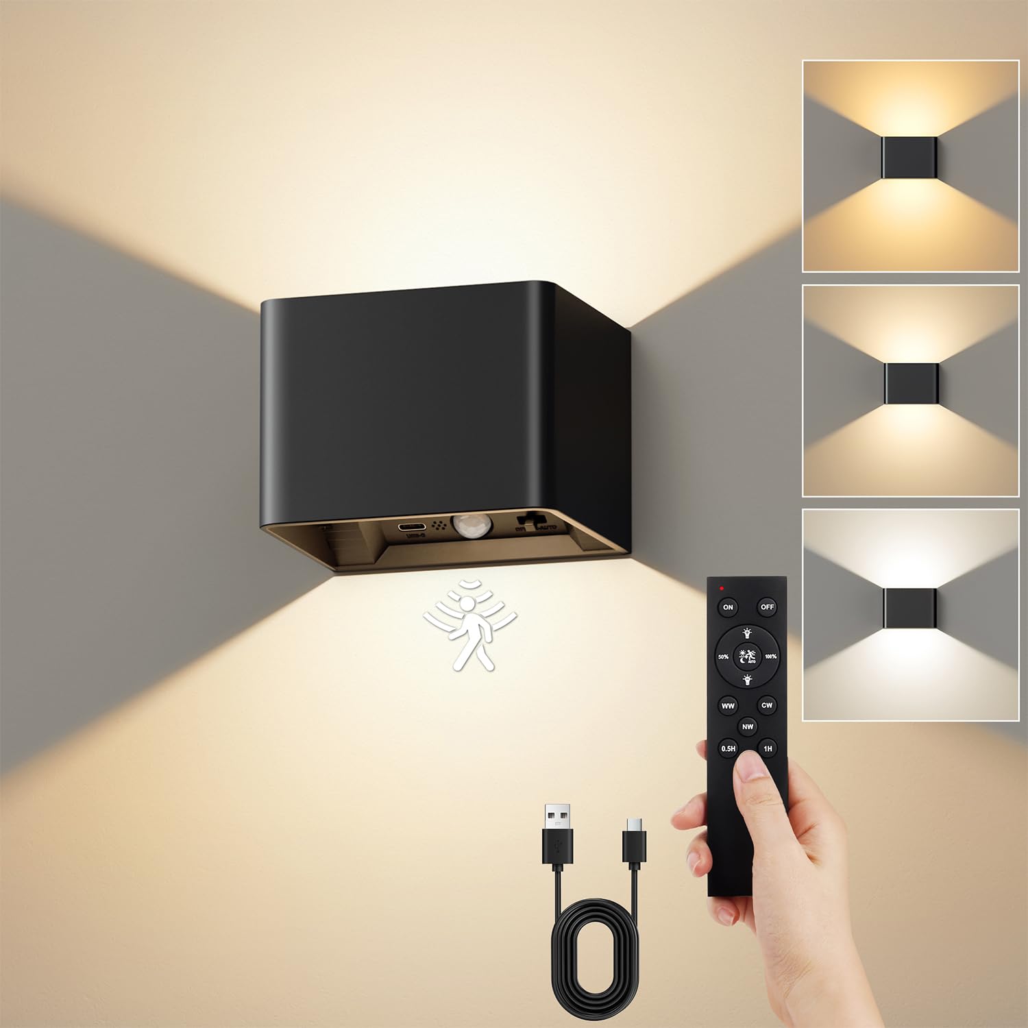 VIWAVE Rechargeable Wall Lights for Living Room No Drilling,5200mAh Battery Wall Lights with Motion Sensor & Remote,3 Colours LED Wall Light Wireless Dimmable,Stick on Wall Lamp Black Sconce Indoor
