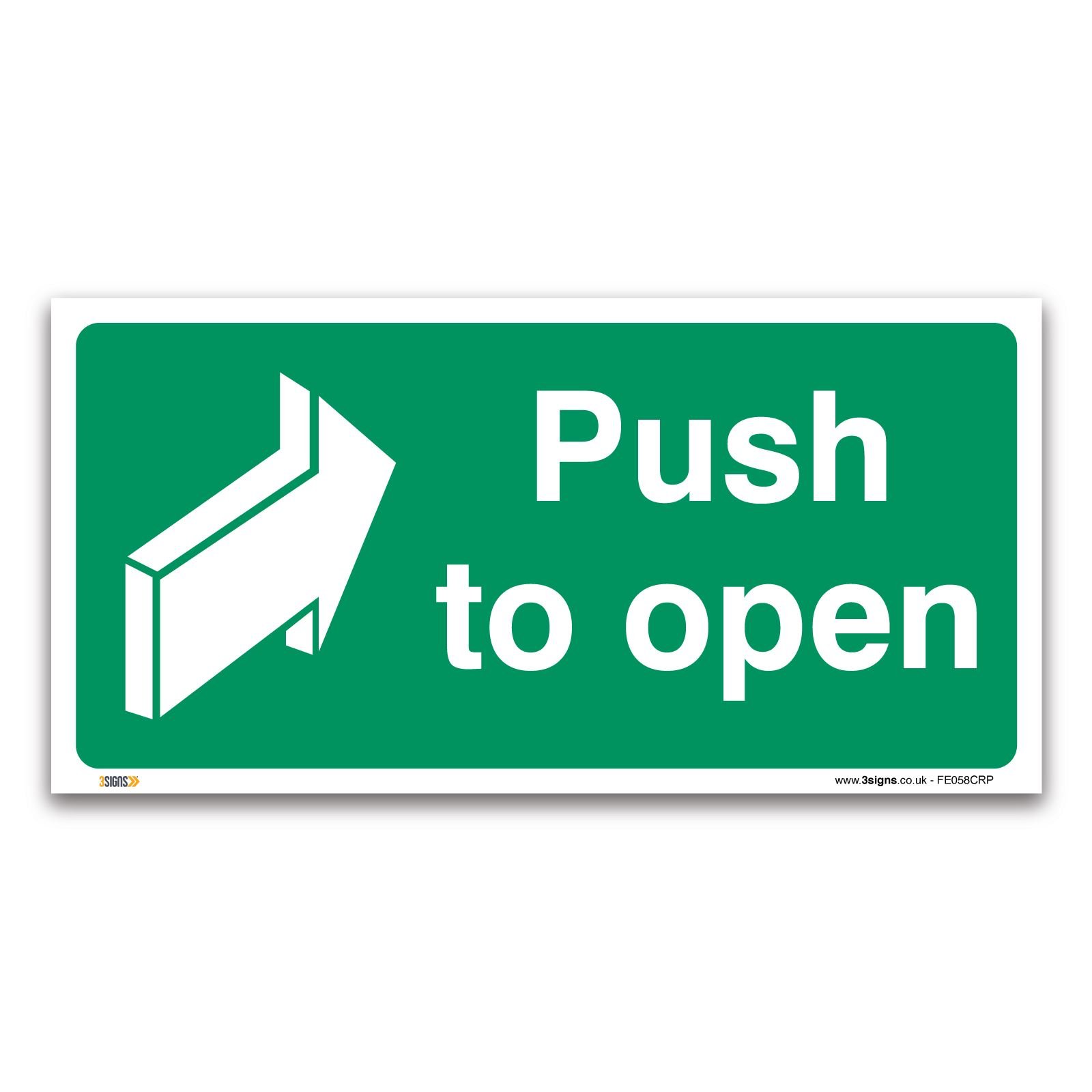 Pack of 2 Push to open Fire exit Signs, 1mm Rigid Plastic 200x100mm, British Standard Fire Safety Door Signs — image 1